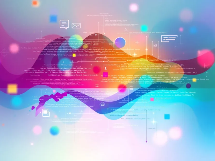 8CLICKS | An abstract digital background featuring colorful wavy patterns and geometric shapes with a blend of bright hues. Overlaid are various text elements and icons, creating a vibrant and modern visual composition.