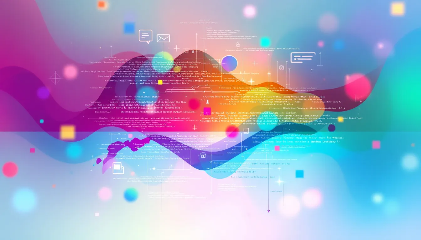 8CLICKS | An abstract digital background featuring colorful wavy patterns and geometric shapes with a blend of bright hues. Overlaid are various text elements and icons, creating a vibrant and modern visual composition.