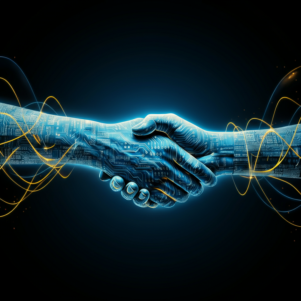 8CLICKS | A digital representation of two hands shaking, illustrated with a circuit board design and glowing lines, set against a dark background.