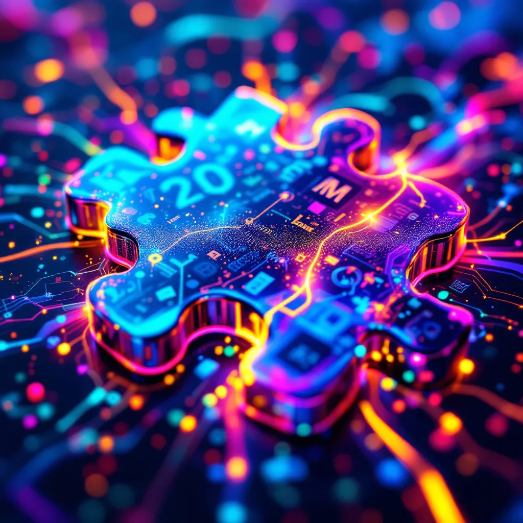 8CLICKS | A close-up view of a puzzle piece designed with electronic circuit patterns and illuminated with colorful lights, set against a dark, vibrant background filled with abstract elements.