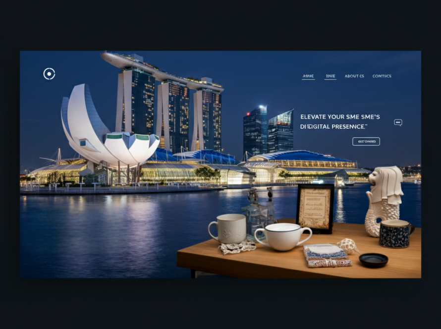 8CLICKS | A nighttime cityscape featuring modern architecture, including the Marina Bay Sands and ArtScience Museum, illuminated against a dark sky. In the foreground, there is a wooden table set with decorative items, including teacups and a decorative lion statue, alongside the text "Elevate your SME's digital presence" and navigation options. in Singapore Web Design.