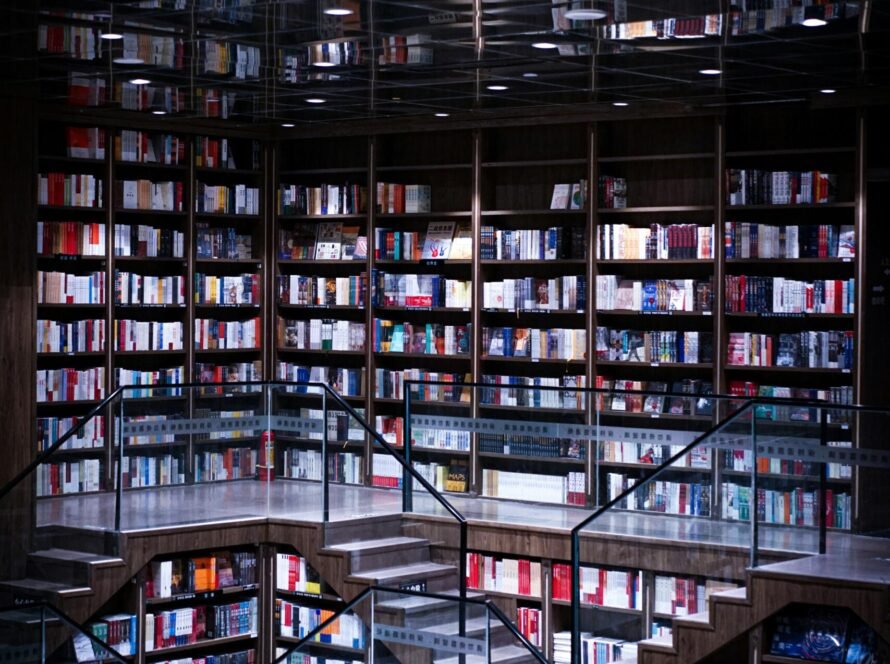 a staircases and books on shelves