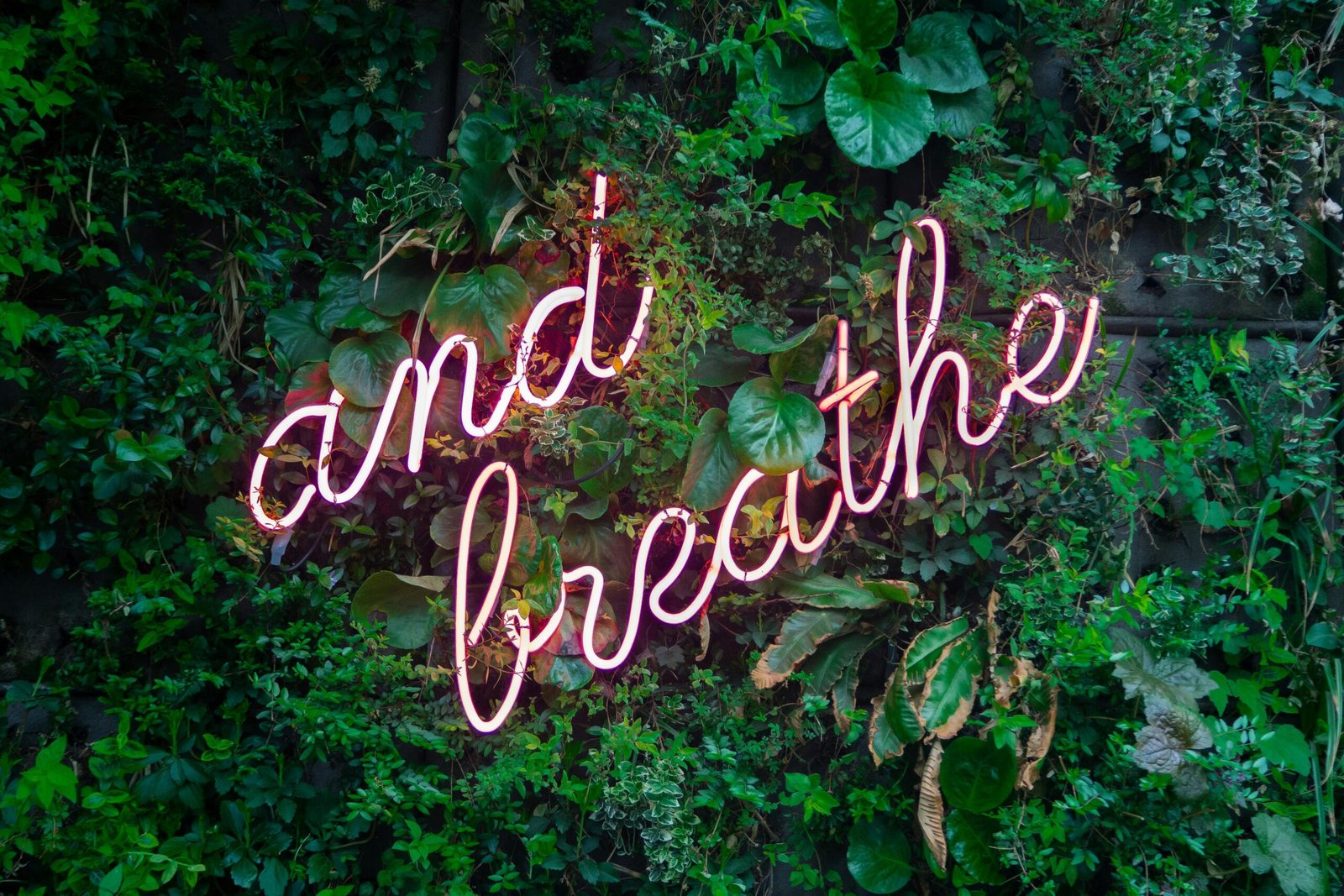 a neon sign on a wall of plants