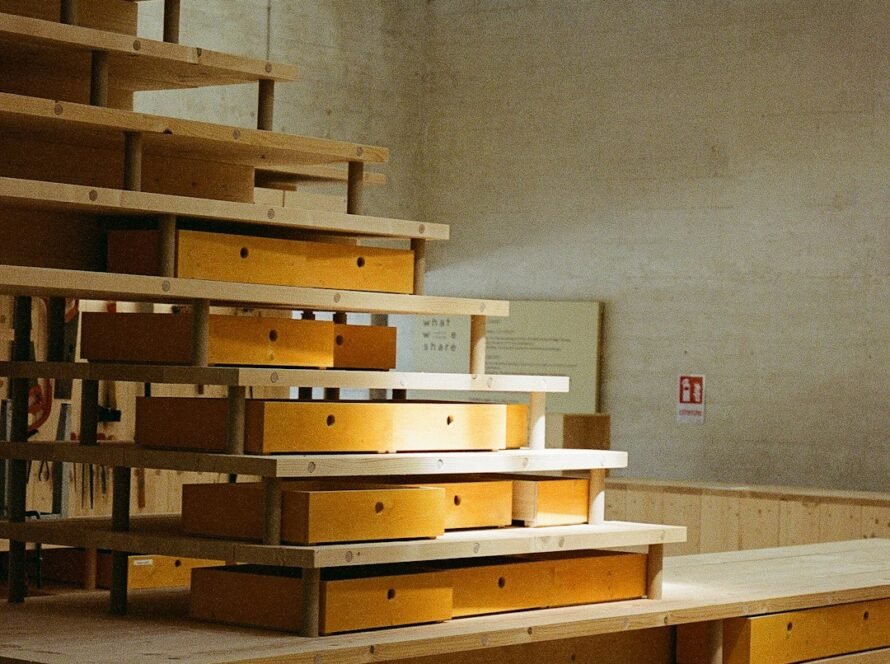 a wooden shelves with drawers