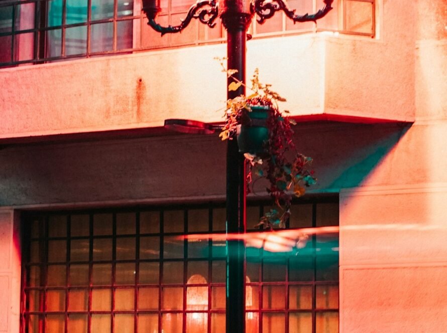 a lamp post with two lights on
