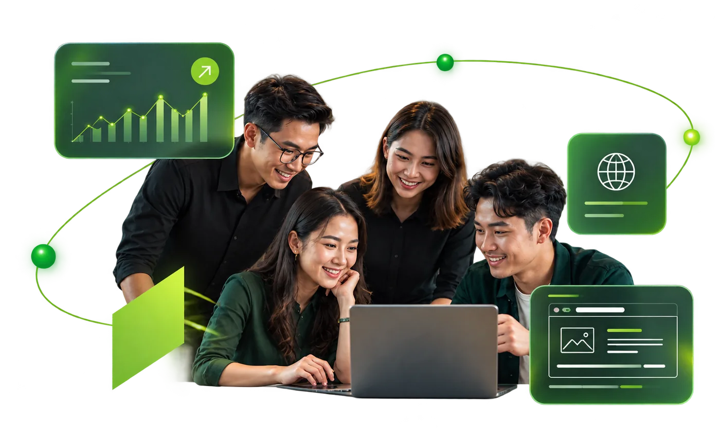 Four smiling team members looking at a laptop, with floating chart, globe and website cards