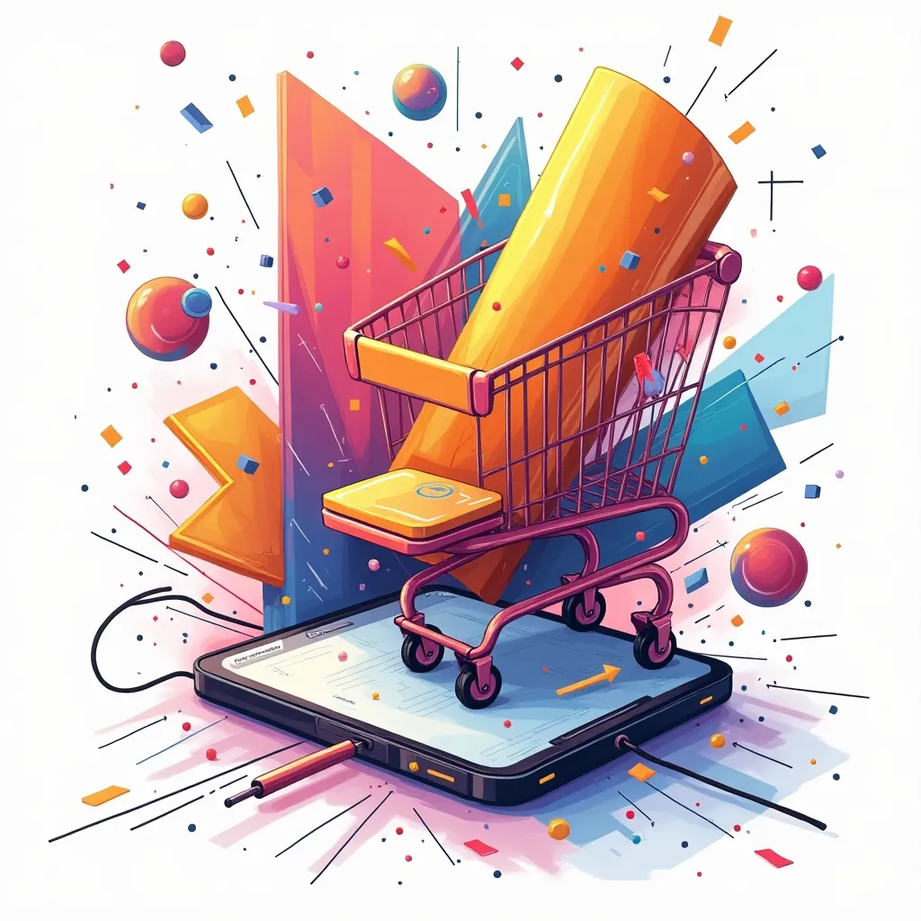 8Clicks | A Colorful Illustration Depicting A Shopping Cart On Top Of A Smartphone Screen, With A Large Rolled-Up Item Inside The Cart. The Background Features Vibrant Geometric Shapes And Scattered Dots, Creating A Dynamic And Energetic Scene, Symbolizing Online Shopping And Modern Commerce.