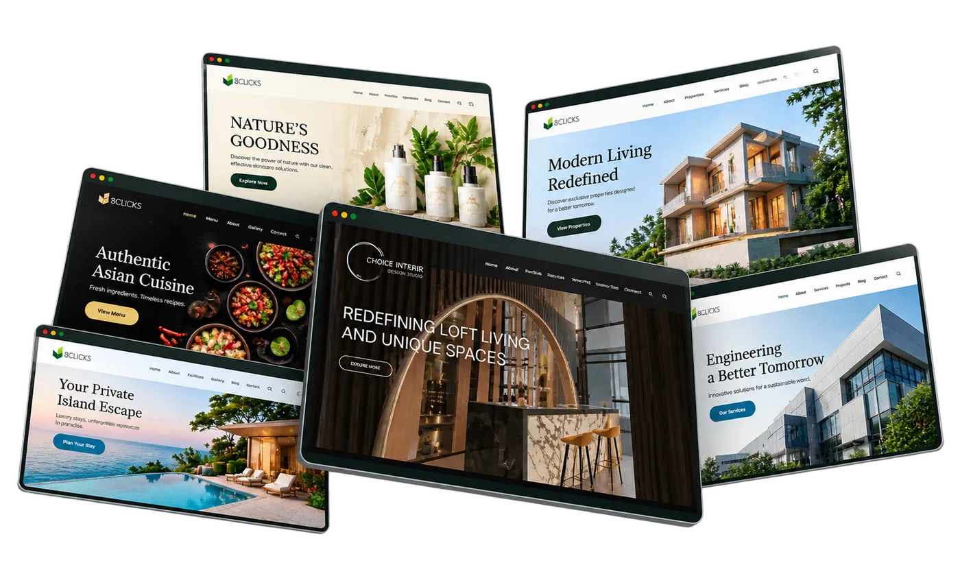 Six website designs shown on tilted browser screens