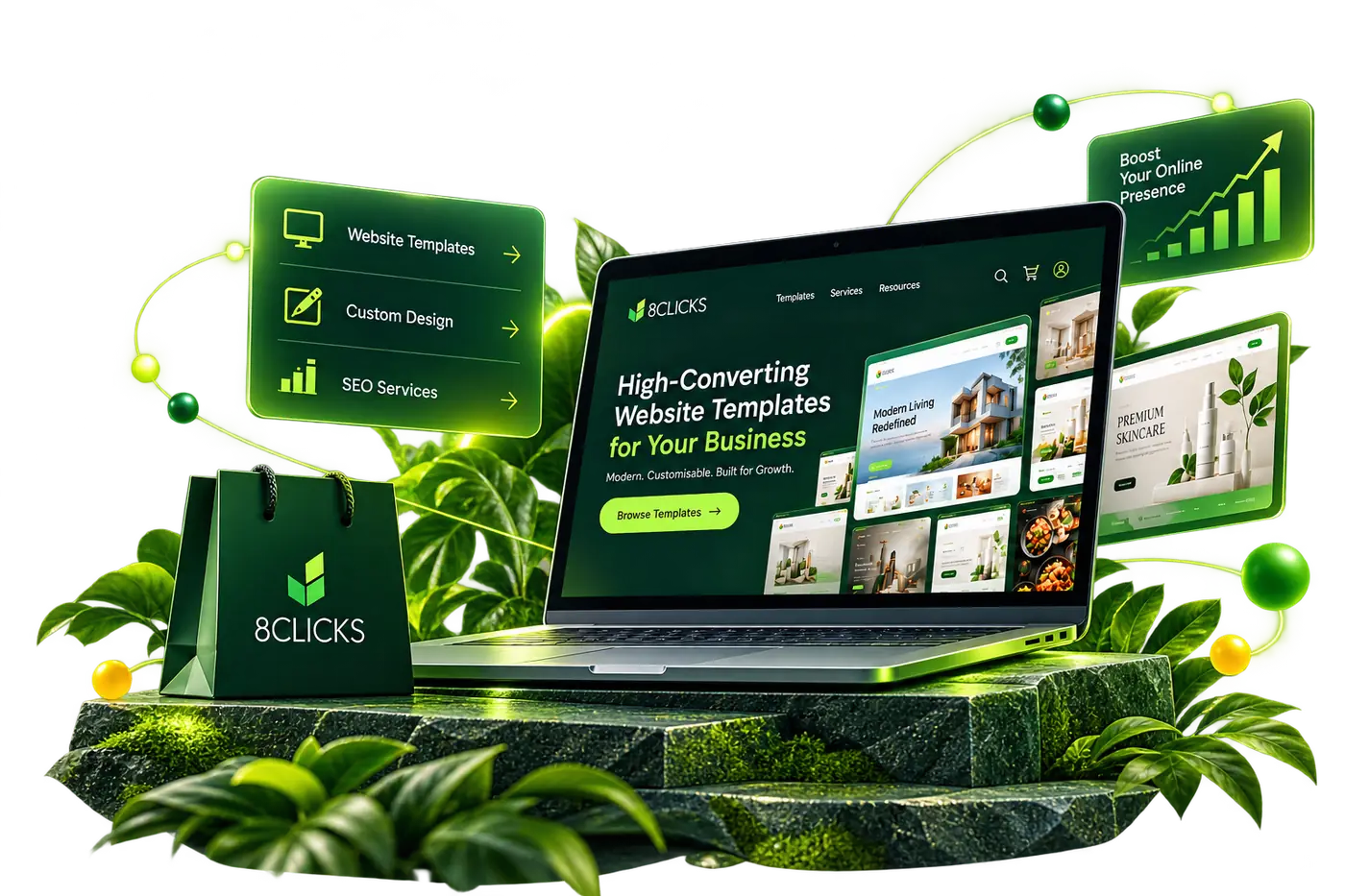 Laptop showing a website template store next to an 8CLICKS shopping bag on a mossy stone