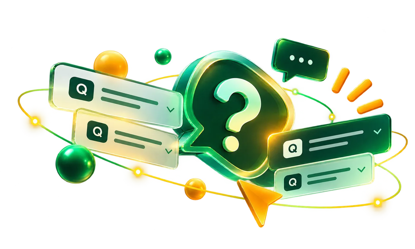 Question-mark speech bubble surrounded by Q&A cards