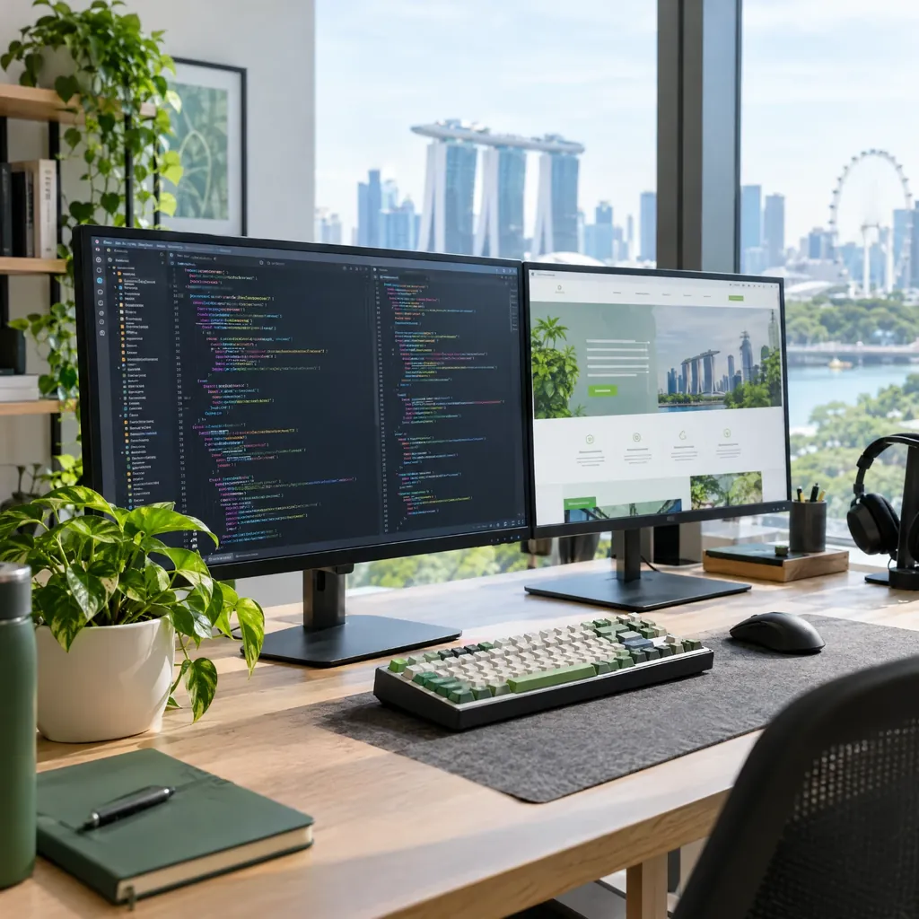 Web developer workspace with code and a website layout on two monitors
