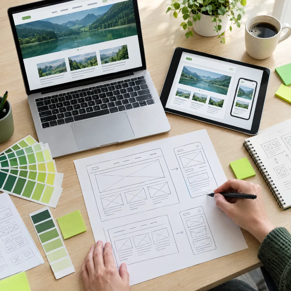 Designer sketching website wireframes next to a laptop and tablet