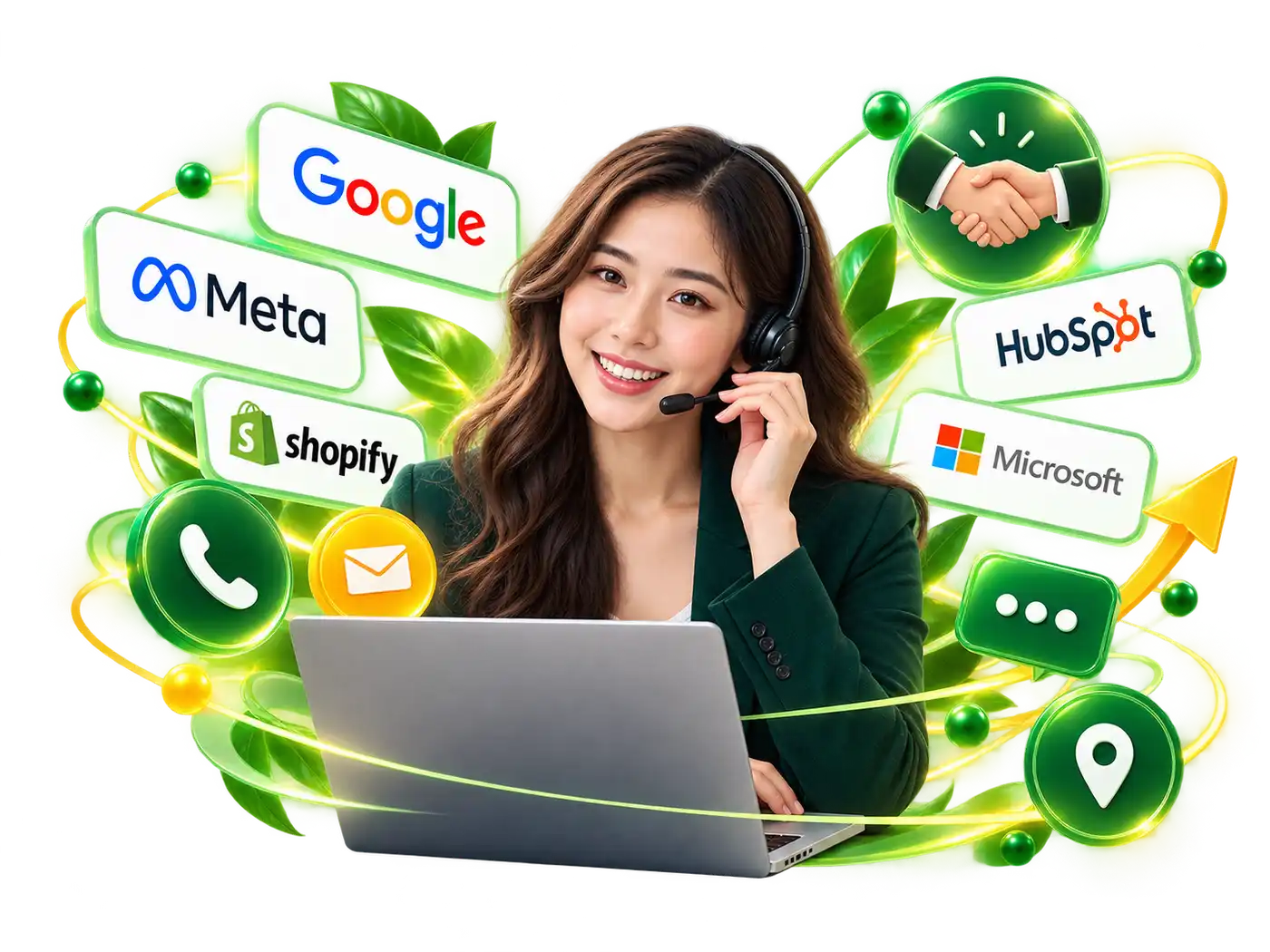 Smiling support agent with a headset at a laptop, surrounded by partner badges, phone, email, chat, handshake and location icons