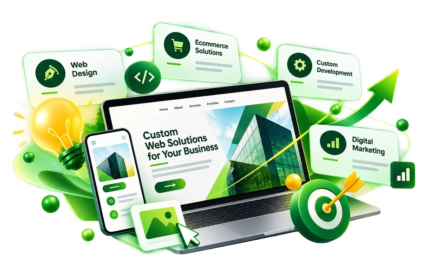 Laptop and phone showing a custom website, surrounded by web design, ecommerce, development and marketing cards