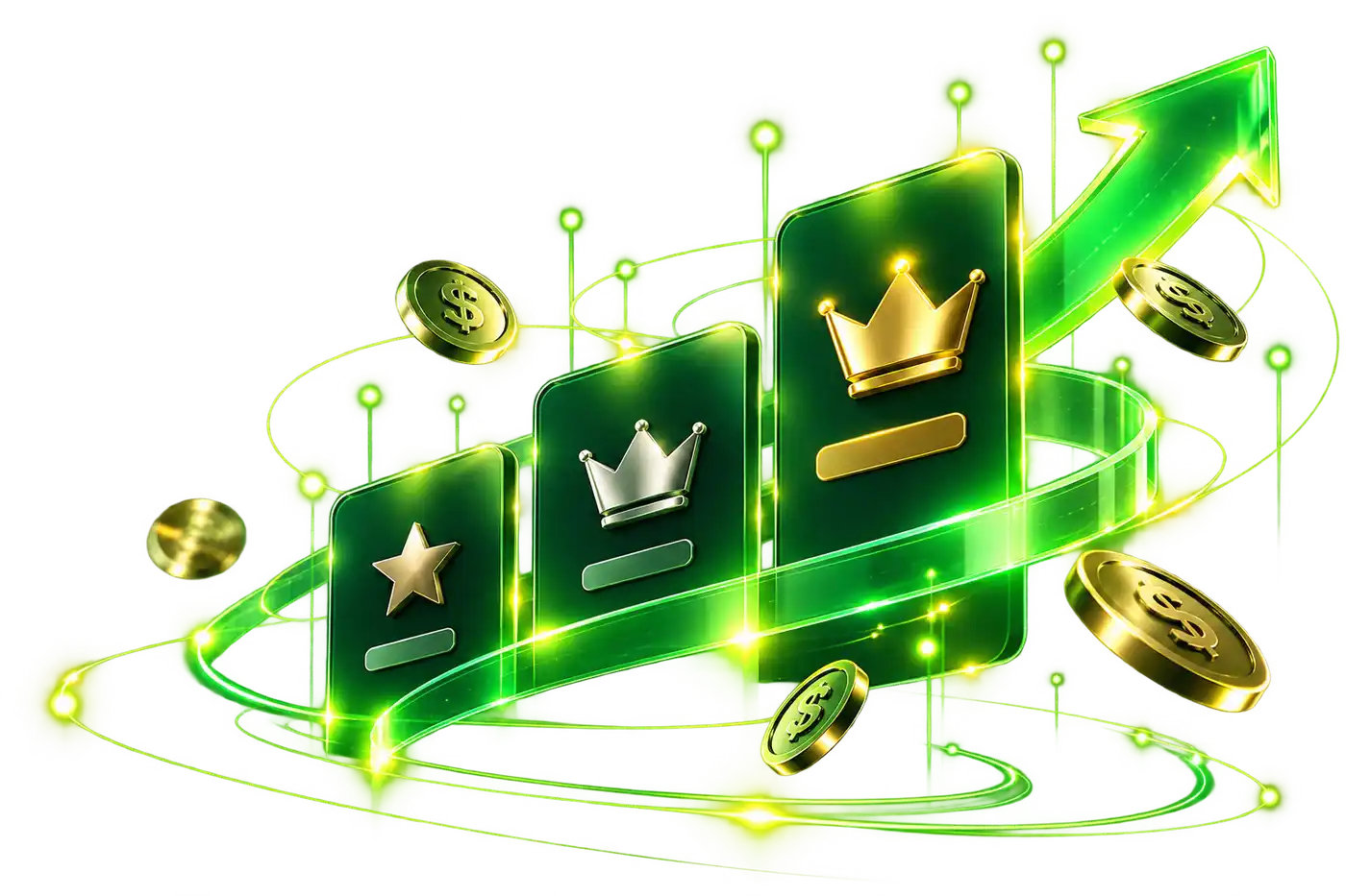 Three rising plan cards with a star and crowns, gold coins and an upward arrow
