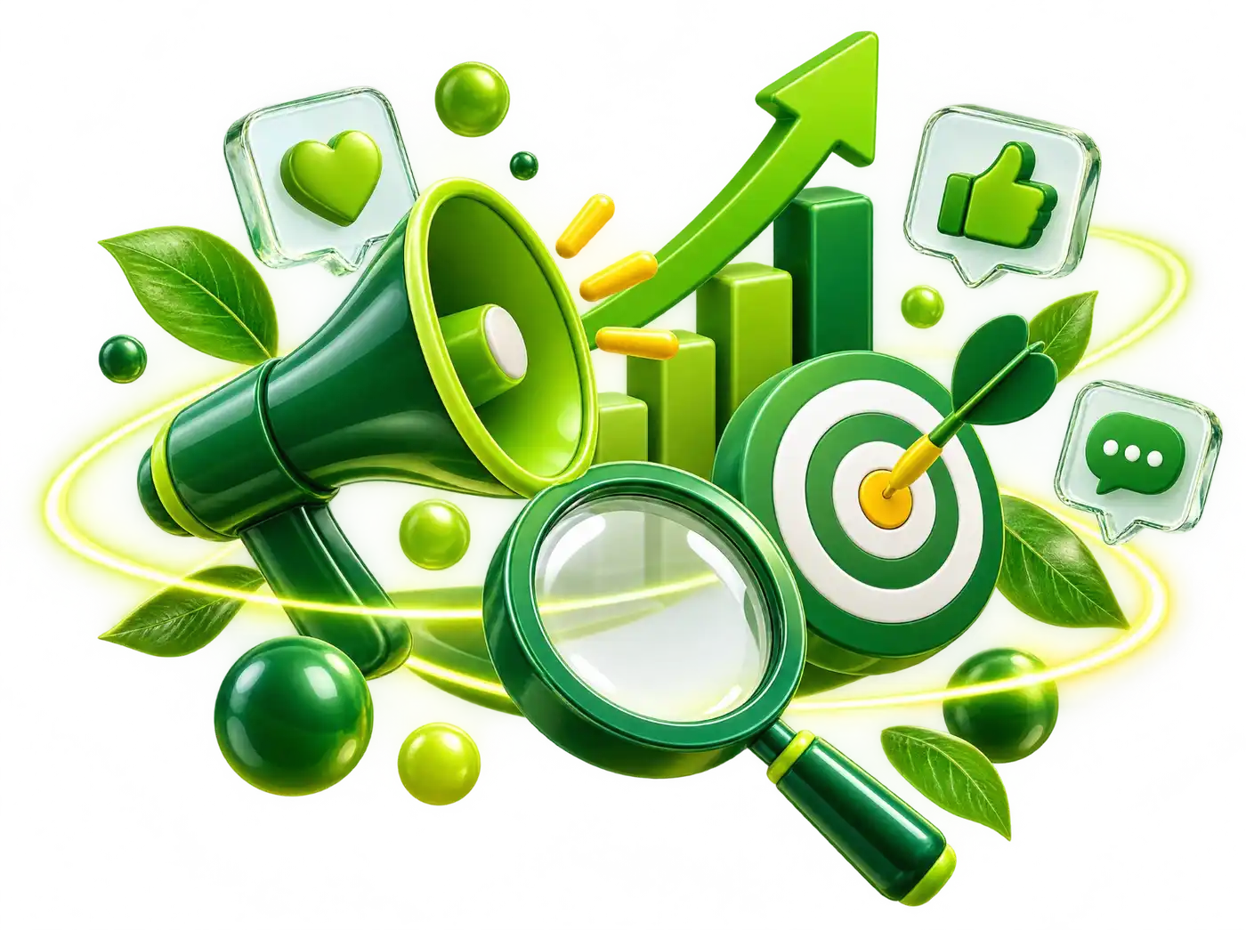 Megaphone, growth chart, target and magnifying glass with social icons