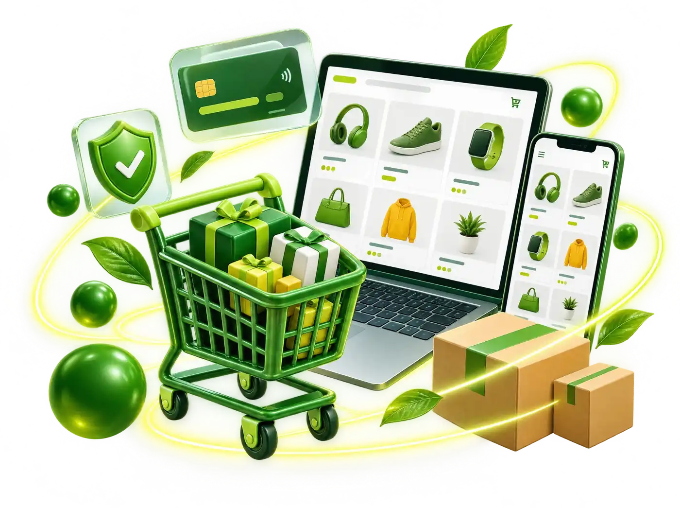 Shopping cart with gifts in front of a laptop and phone showing an online store