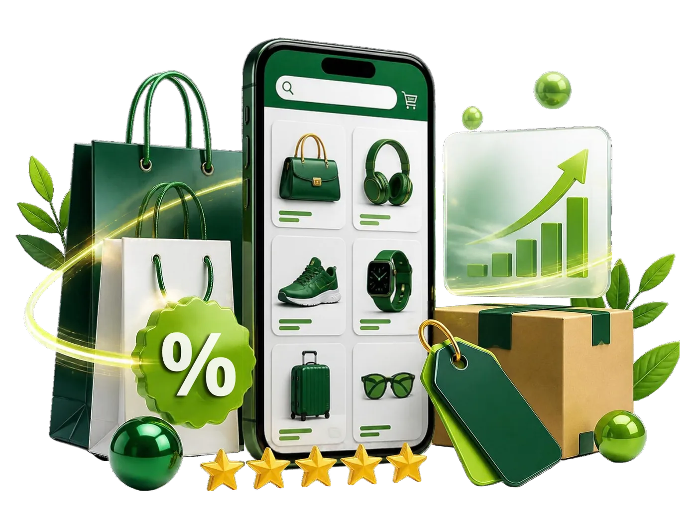 Smartphone shopping app surrounded by shopping bags, price tags, a discount badge, rating stars and a parcel