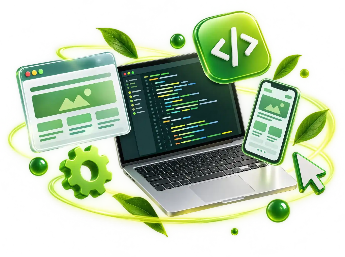 Laptop with a code editor surrounded by browser, phone and code icons