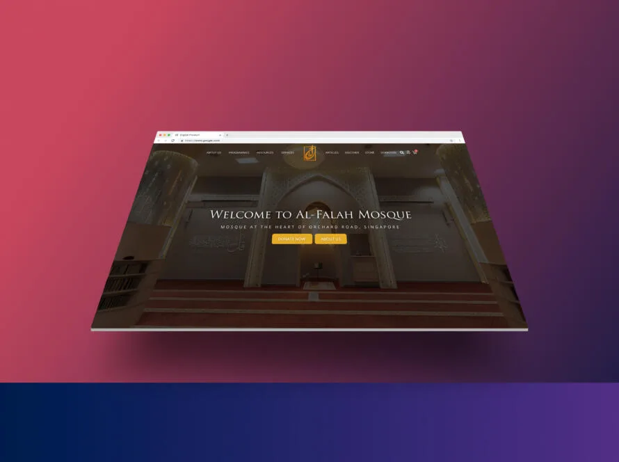 Masjid Al-Falah website homepage showing the mosque prayer hall interior with arches and a gold "Donate Now" button